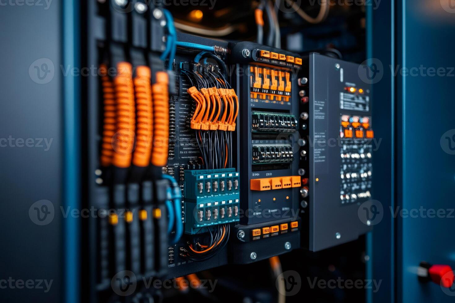 Network server cabinet with wires and switches connecting modules inside data center photo