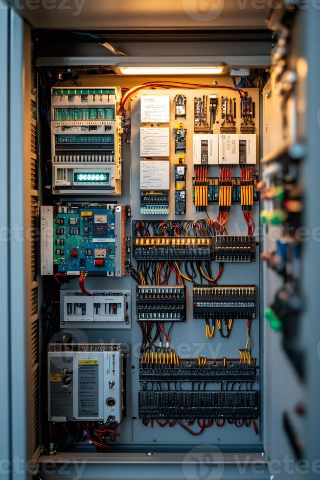 Open electrical cabinet showing complex wiring and circuitry photo