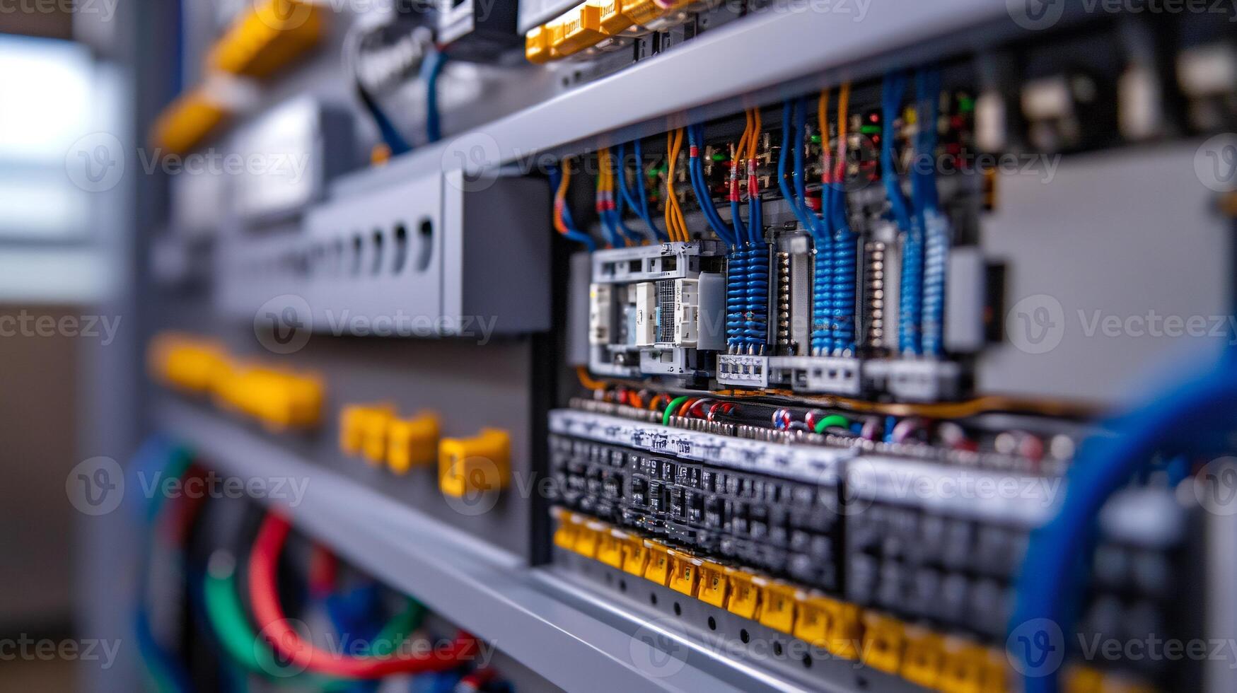 Electrical cabinet showing complex wiring and components in a data center photo