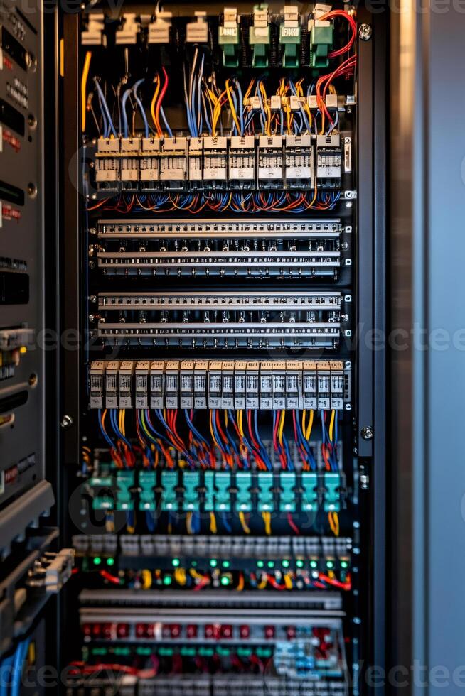 Electrical cabinet showing complex wiring and components in server room .. photo