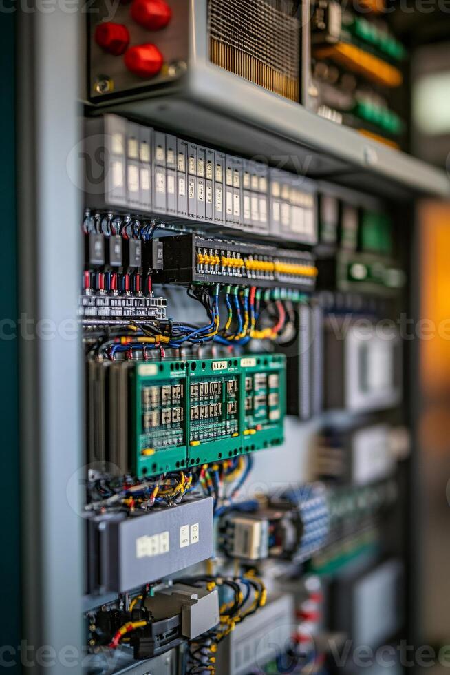 Electrical cabinet showing complex wiring and circuit boards in industrial setting photo