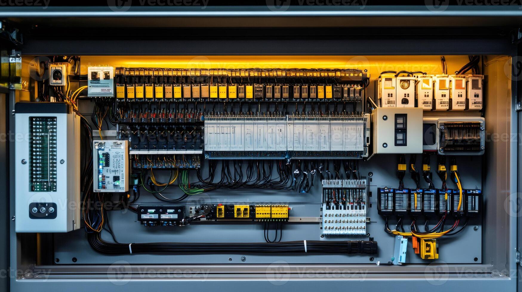 Open electrical cabinet showing complex wiring and components illuminated by warm light photo