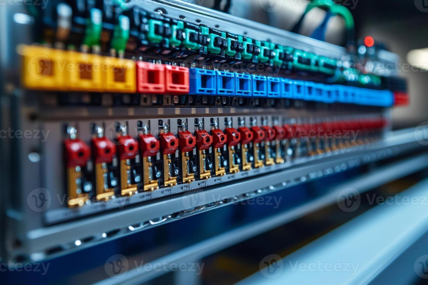Electrical panel showing colorful wiring and connectors in a data center photo