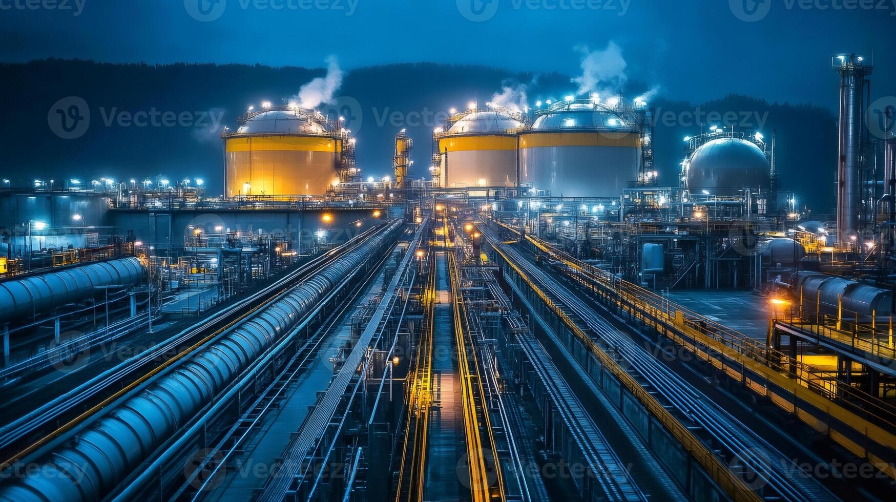 Illuminated gas processing plant with storage tanks and pipelines at dusk photo
