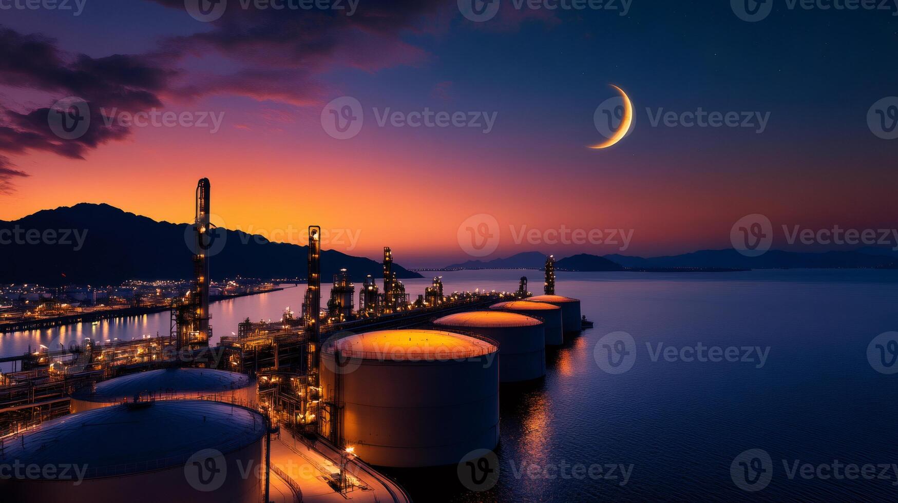 Oil refinery plant illuminating night sky with crescent moon above photo