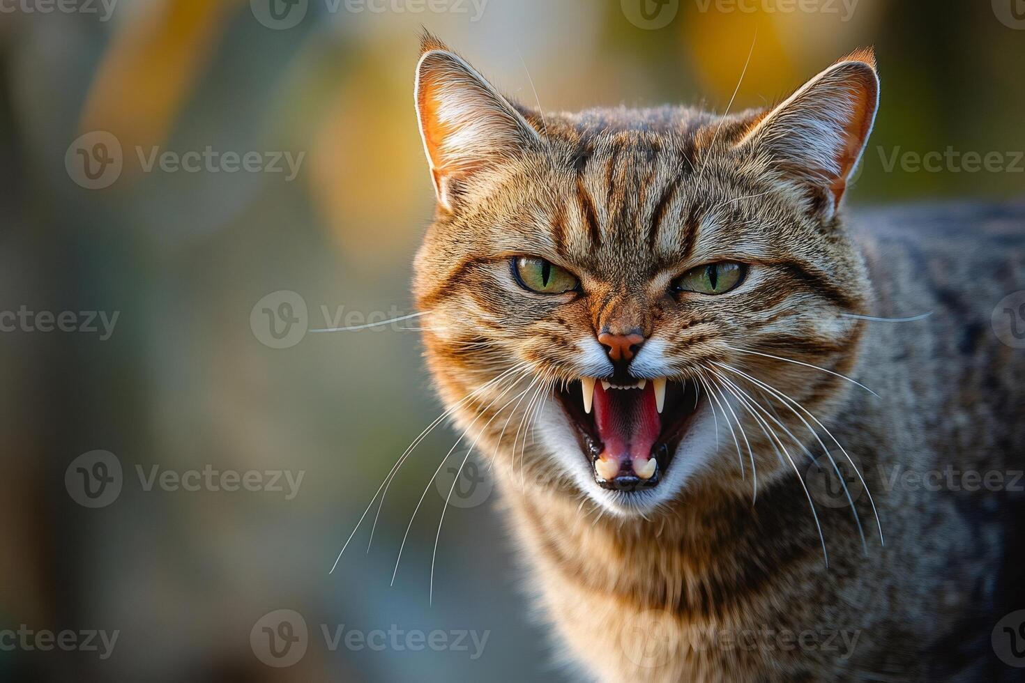Aggressive cat showing teeth and hissing in nature photo