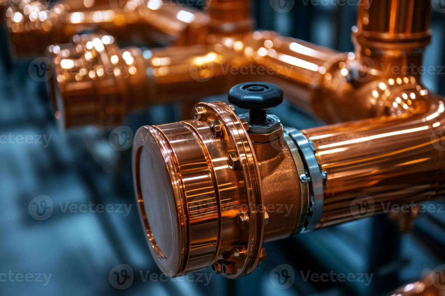 Copper pipes and valves plumbing system connecting industrial equipment photo