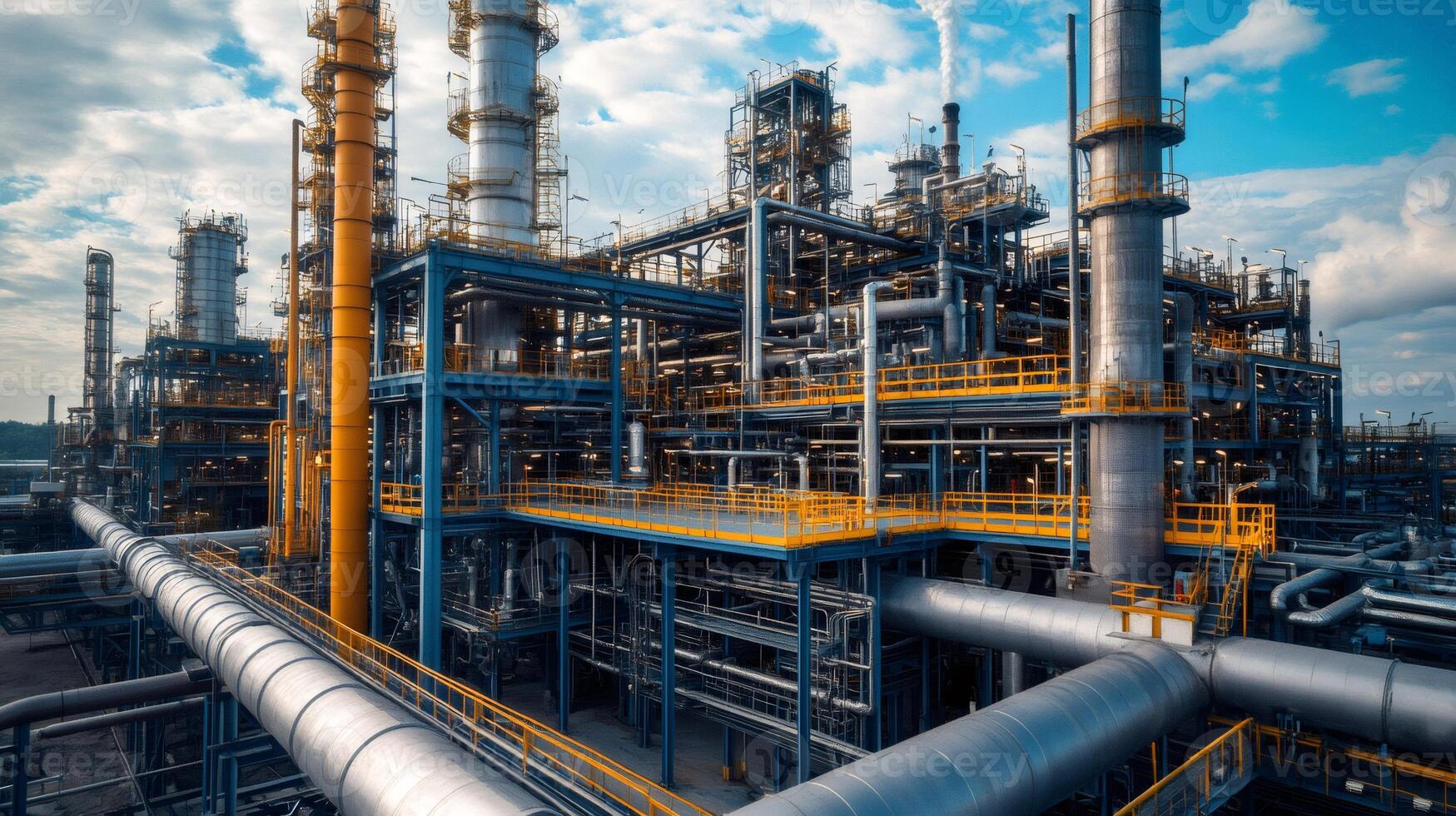 Industrial pipelines and distillation towers processing and refining oil and gas at refinery plant photo