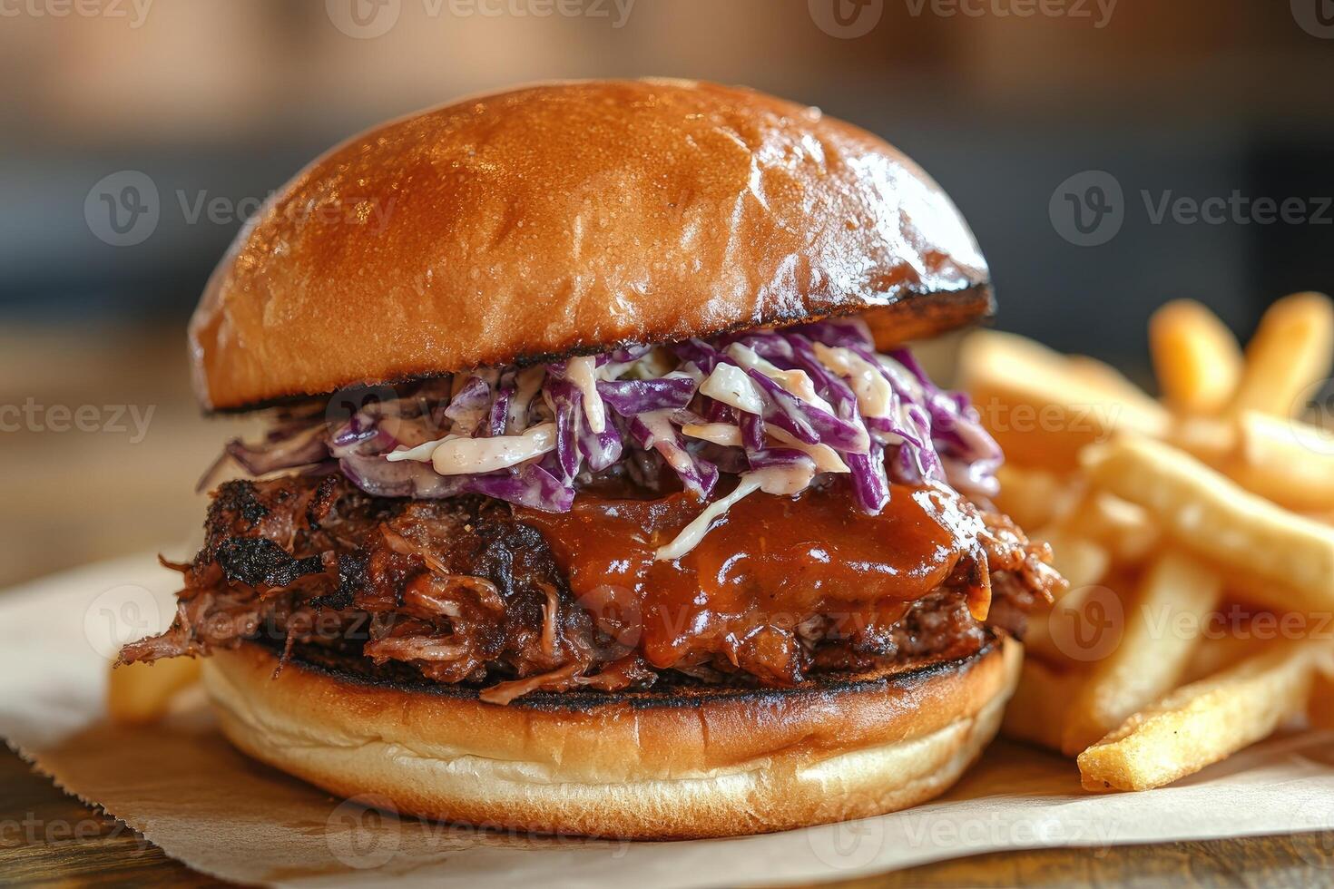 Delicious burger with pulled pork, coleslaw, and french fries displayed on table photo