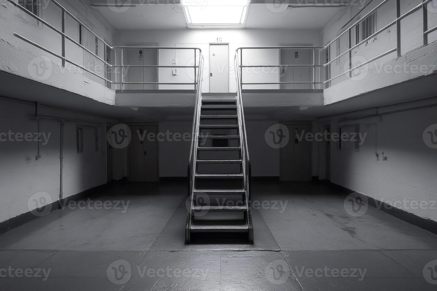 Metal staircase leading to prison cell block with skylight above photo
