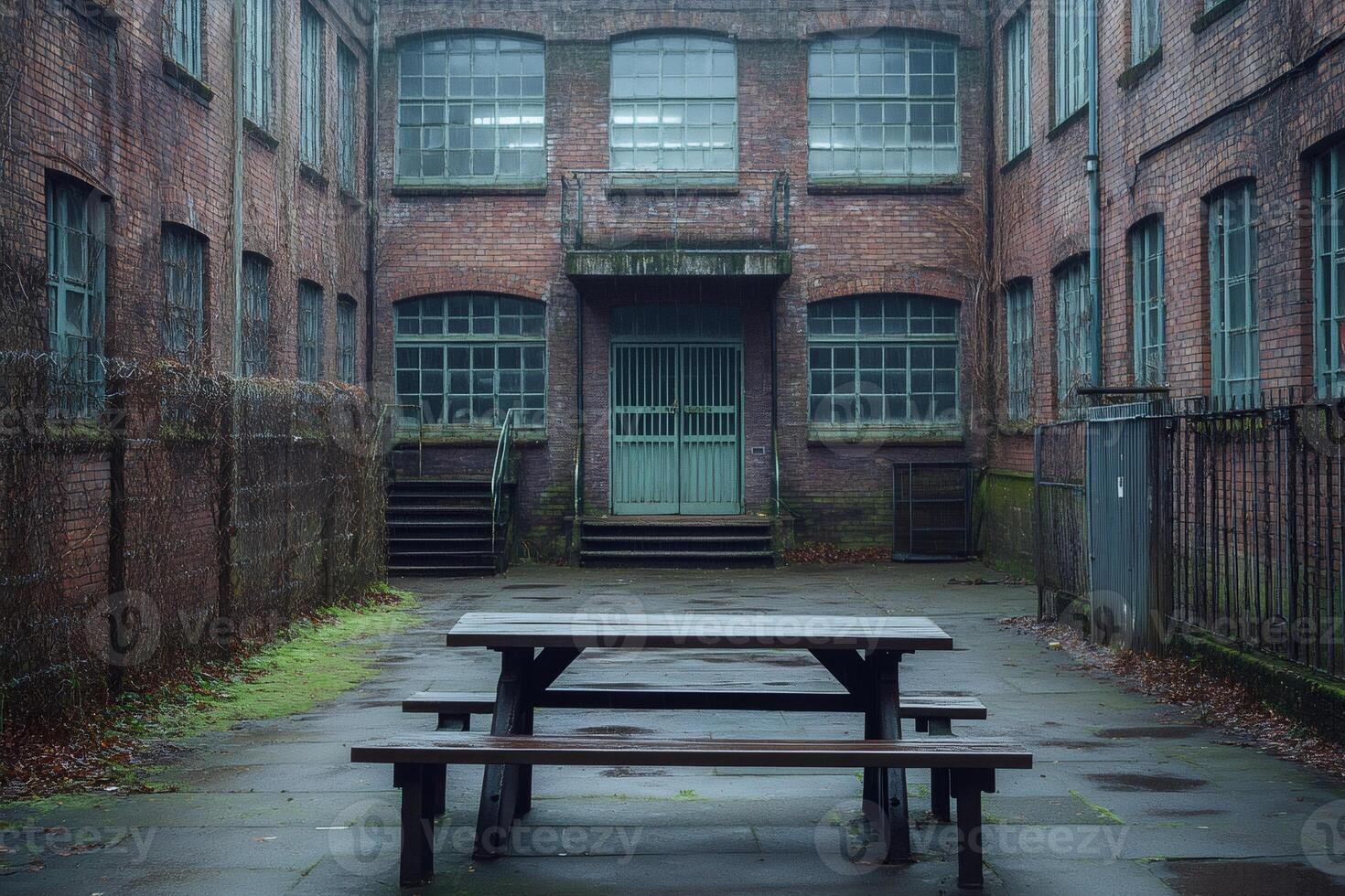 Empty picnic table standing in deserted industrial courtyard photo