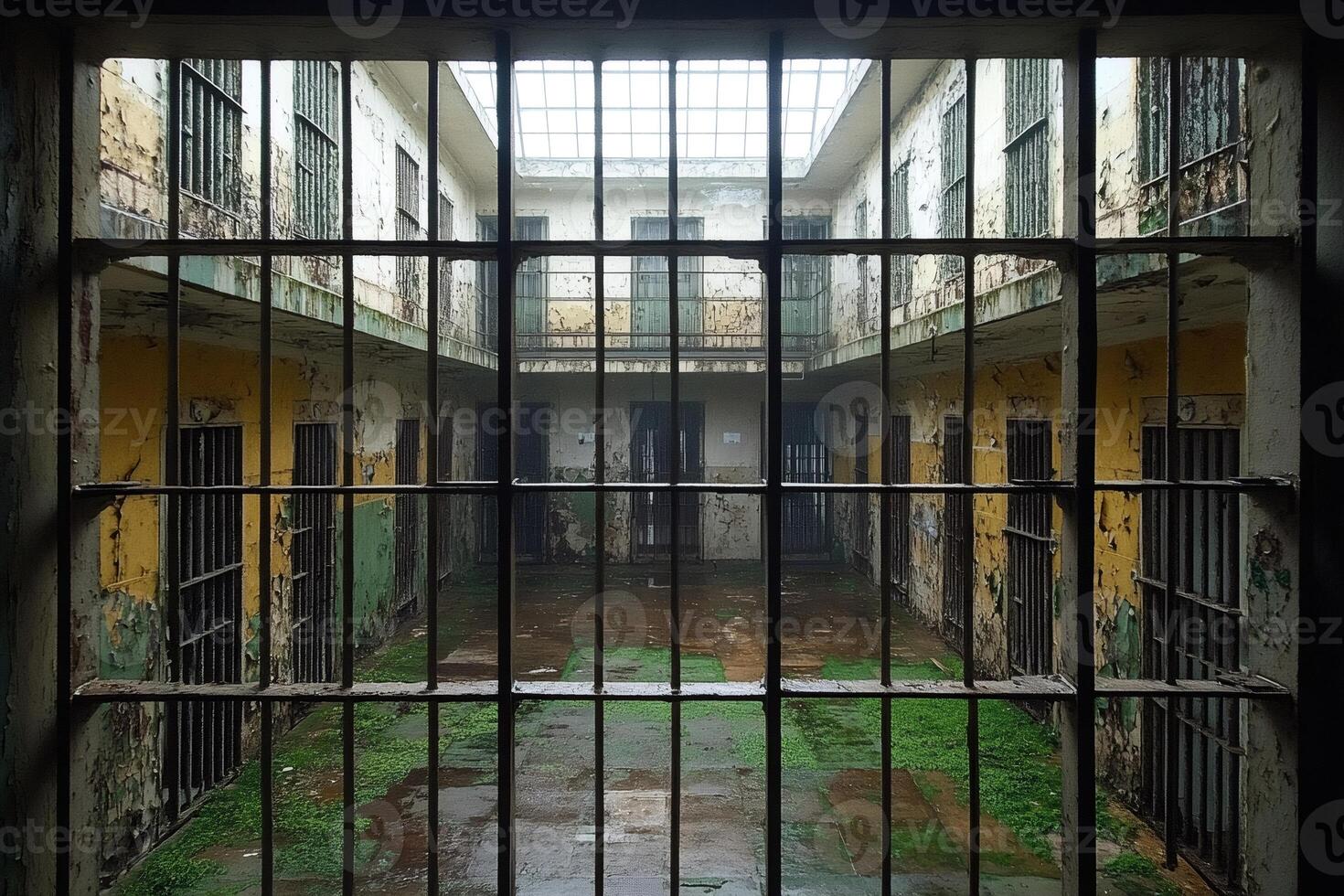 Moss growing in abandoned prison cell block through bars photo