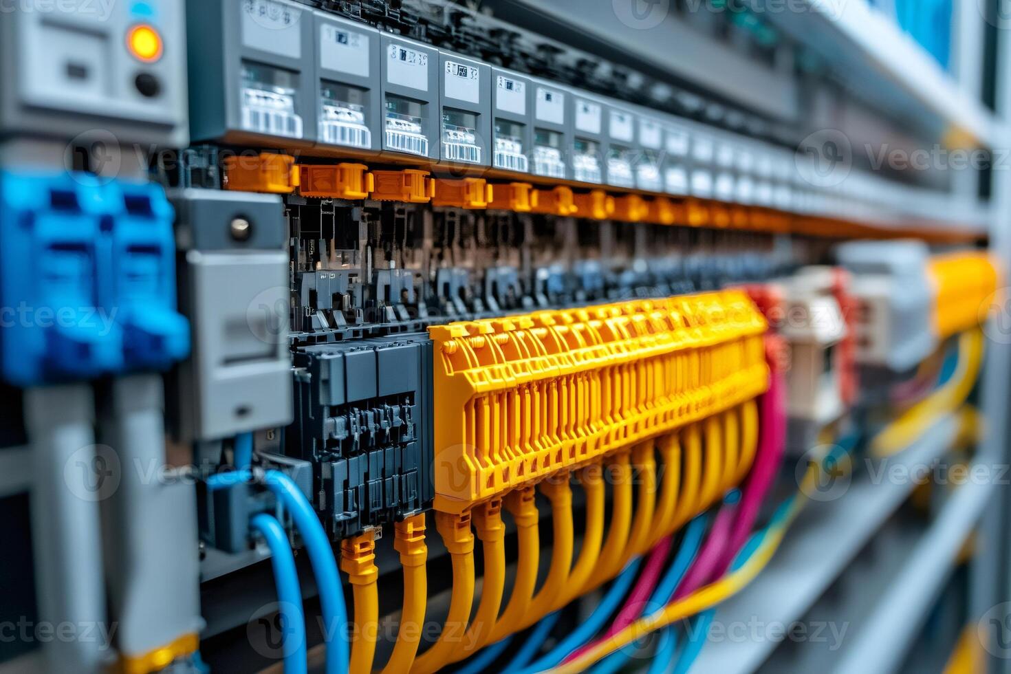 Electrical cabinet showing automation controller, power supply, relays and terminal block photo