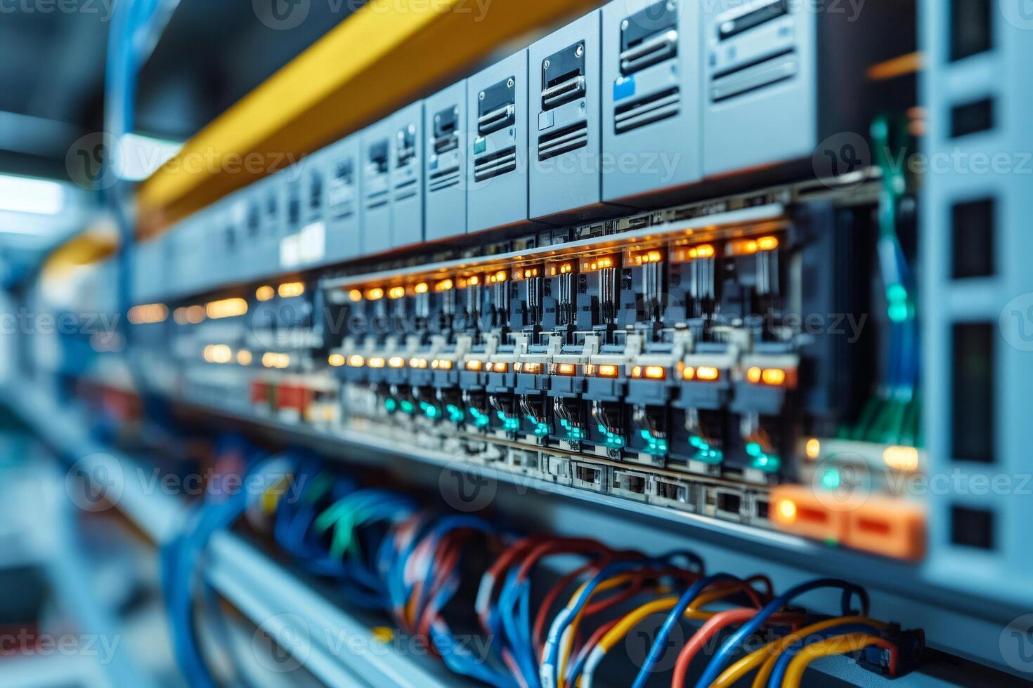 Server room equipment blinking lights showing network activity photo