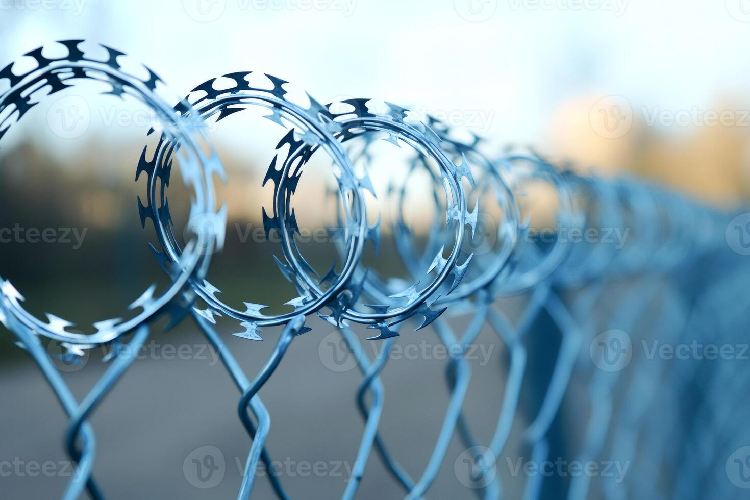 Razor wire protecting perimeter security of chain link fence photo