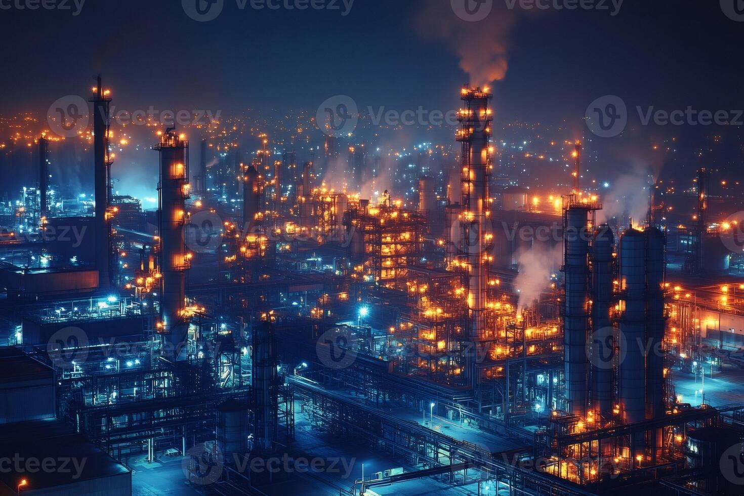 Oil refinery plant emitting smoke and light during night operation photo