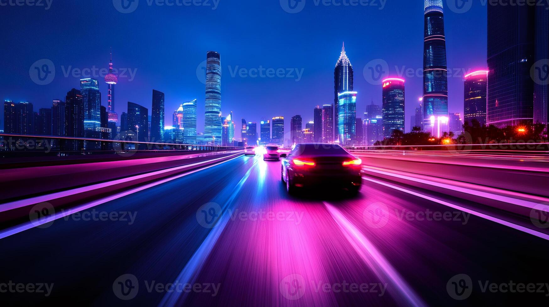 Cars driving fast on highway with shanghai skyline at night photo