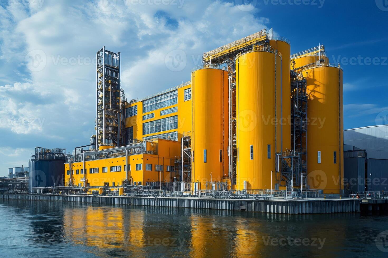 Modern yellow chemical plant processing materials on riverbank with cloudy sky photo
