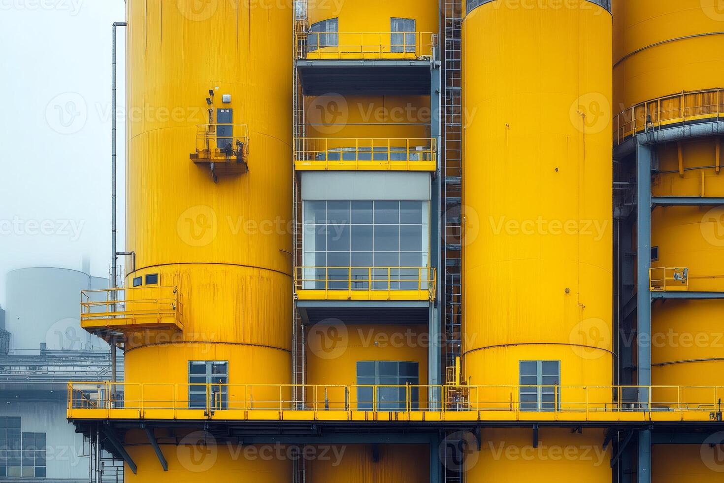Yellow industrial silos and tanks dominate the landscape of a modern processing plant photo