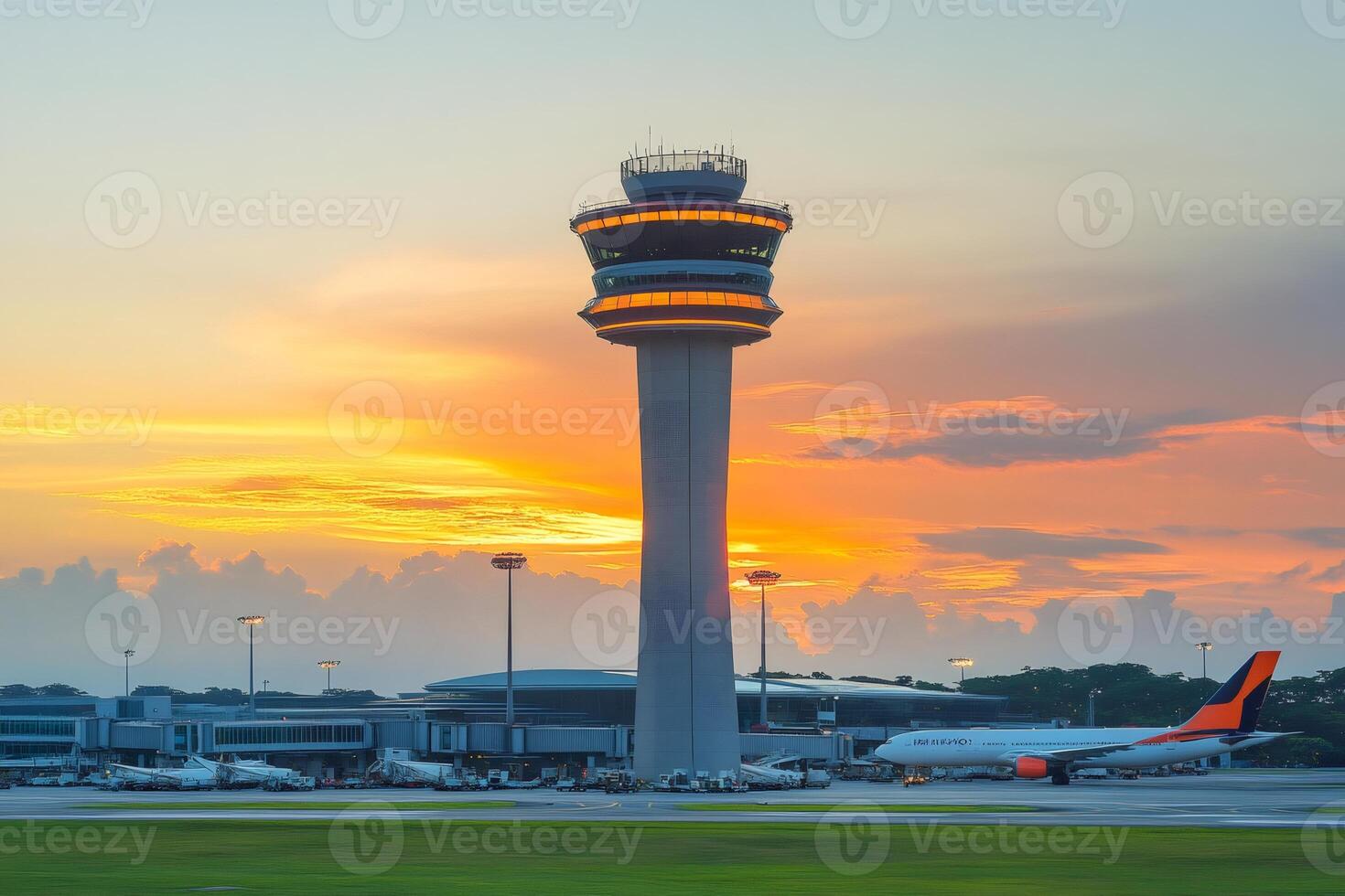 Airport control tower standing tall at sunset with airplane taxiing on runway photo