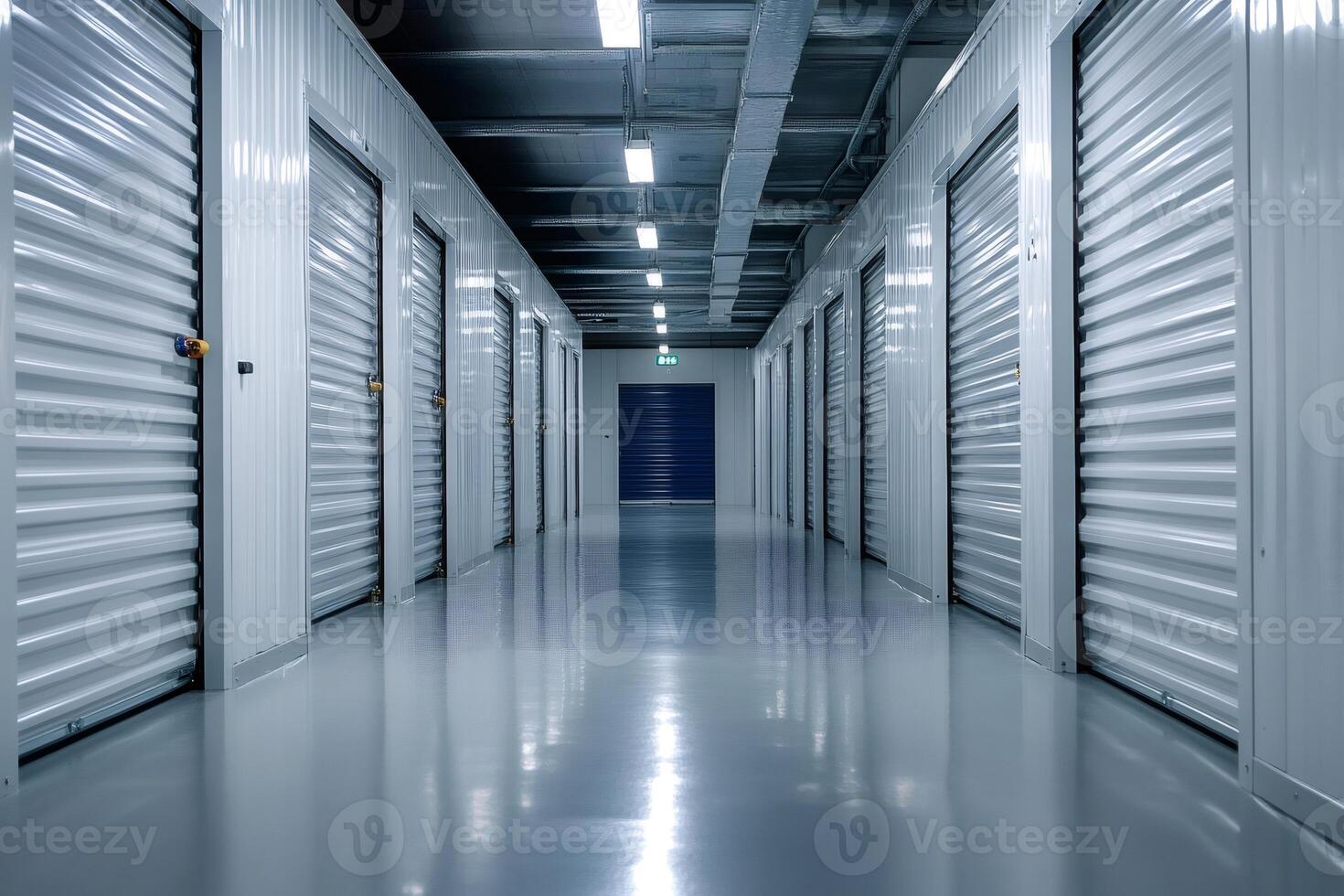 Storage units corridor with metal doors and polished floor photo