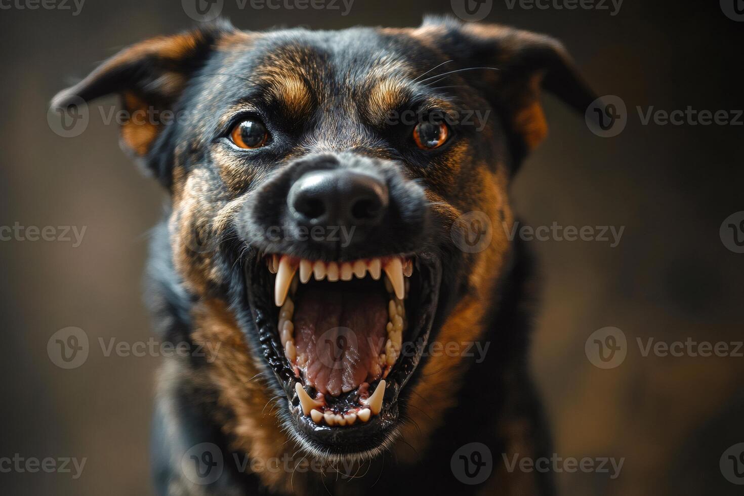 Aggressive dog showing teeth and growling, guard dog protecting home photo