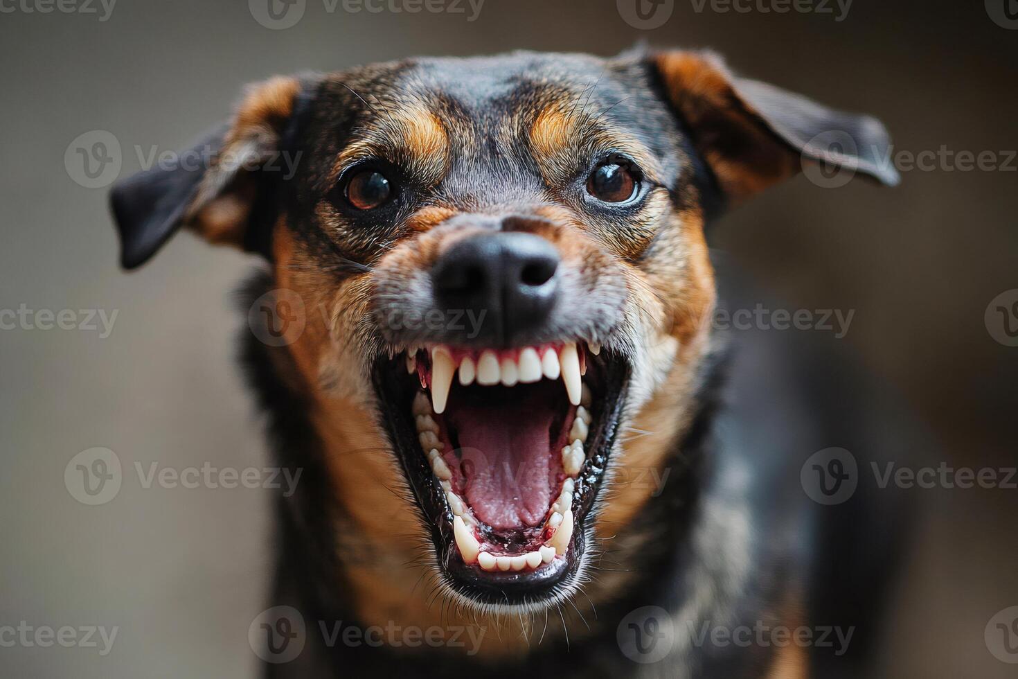 Angry dog showing teeth and growling dangerously photo
