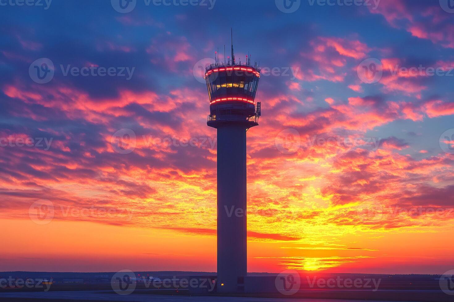 Airport control tower standing tall against vibrant sunset sky photo