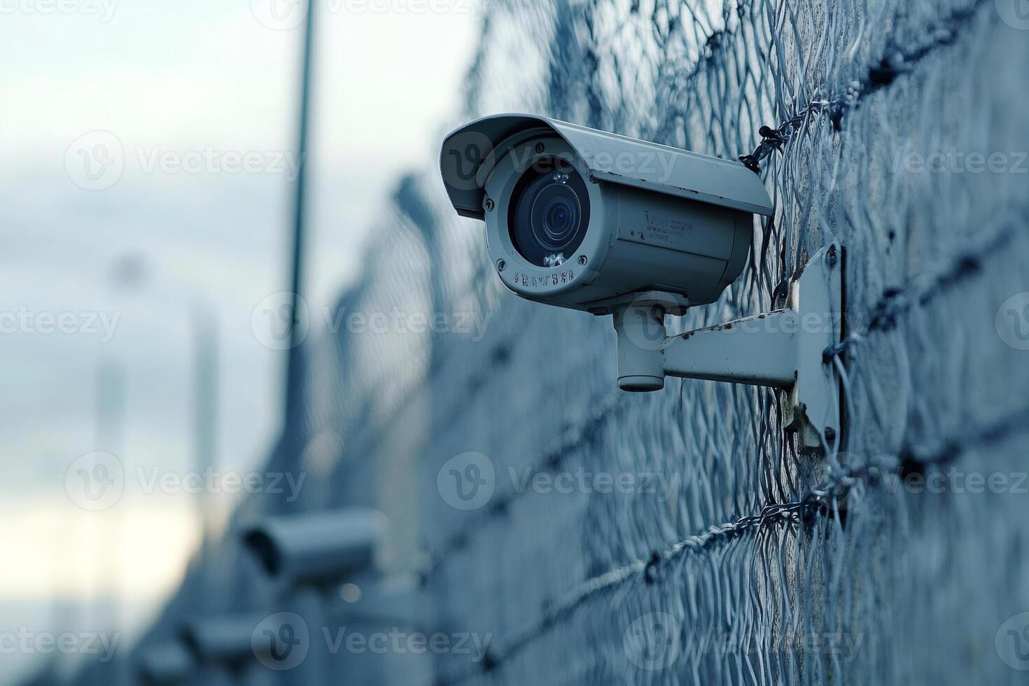 Security camera monitoring a perimeter fence with barbed wire photo