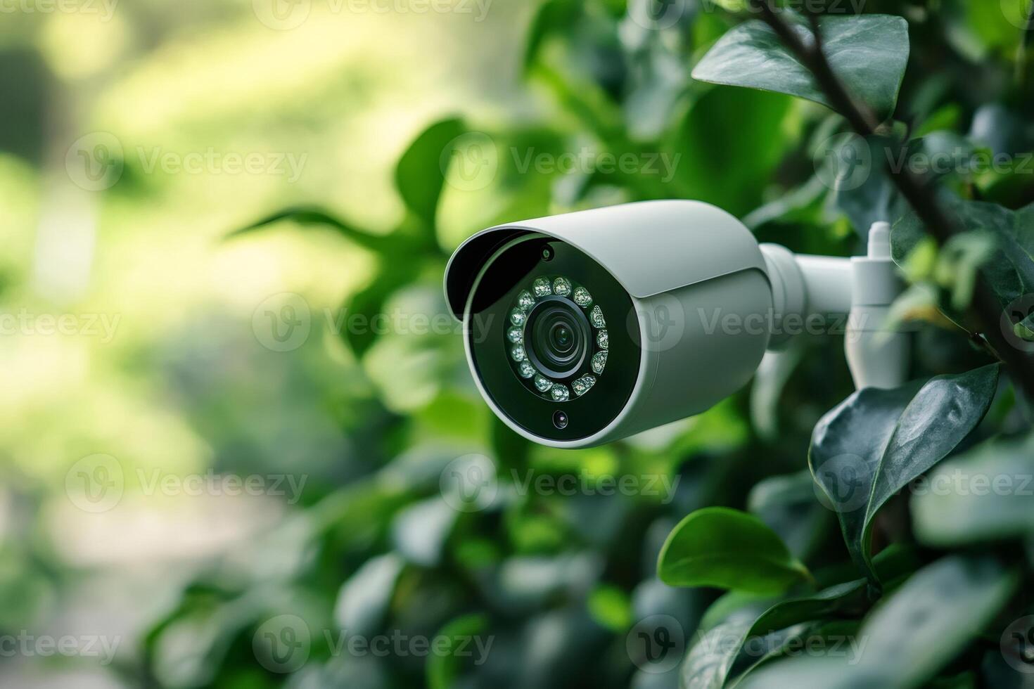 Security camera watching over green foliage in a garden setting photo