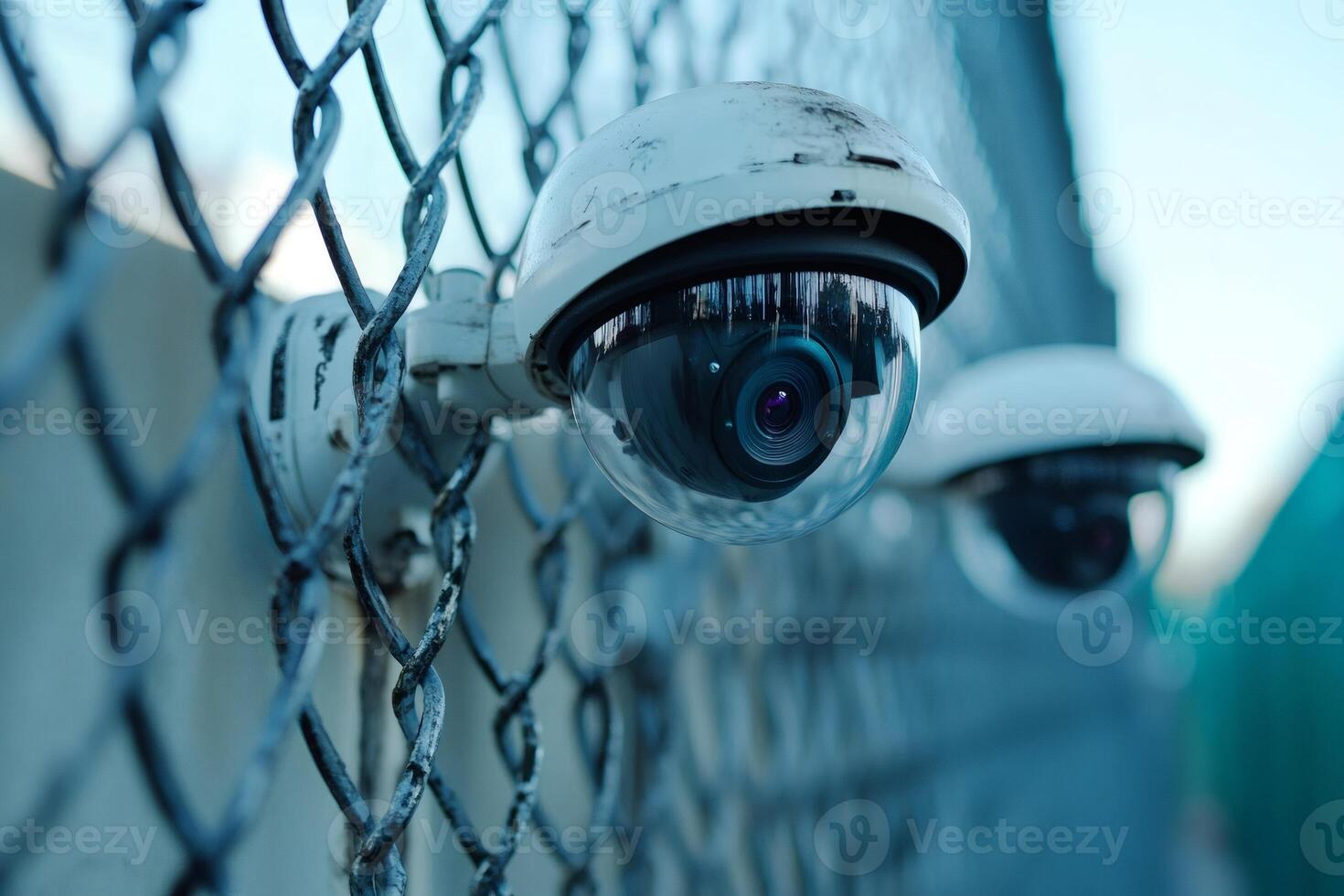 Security cameras observing through metal fence photo