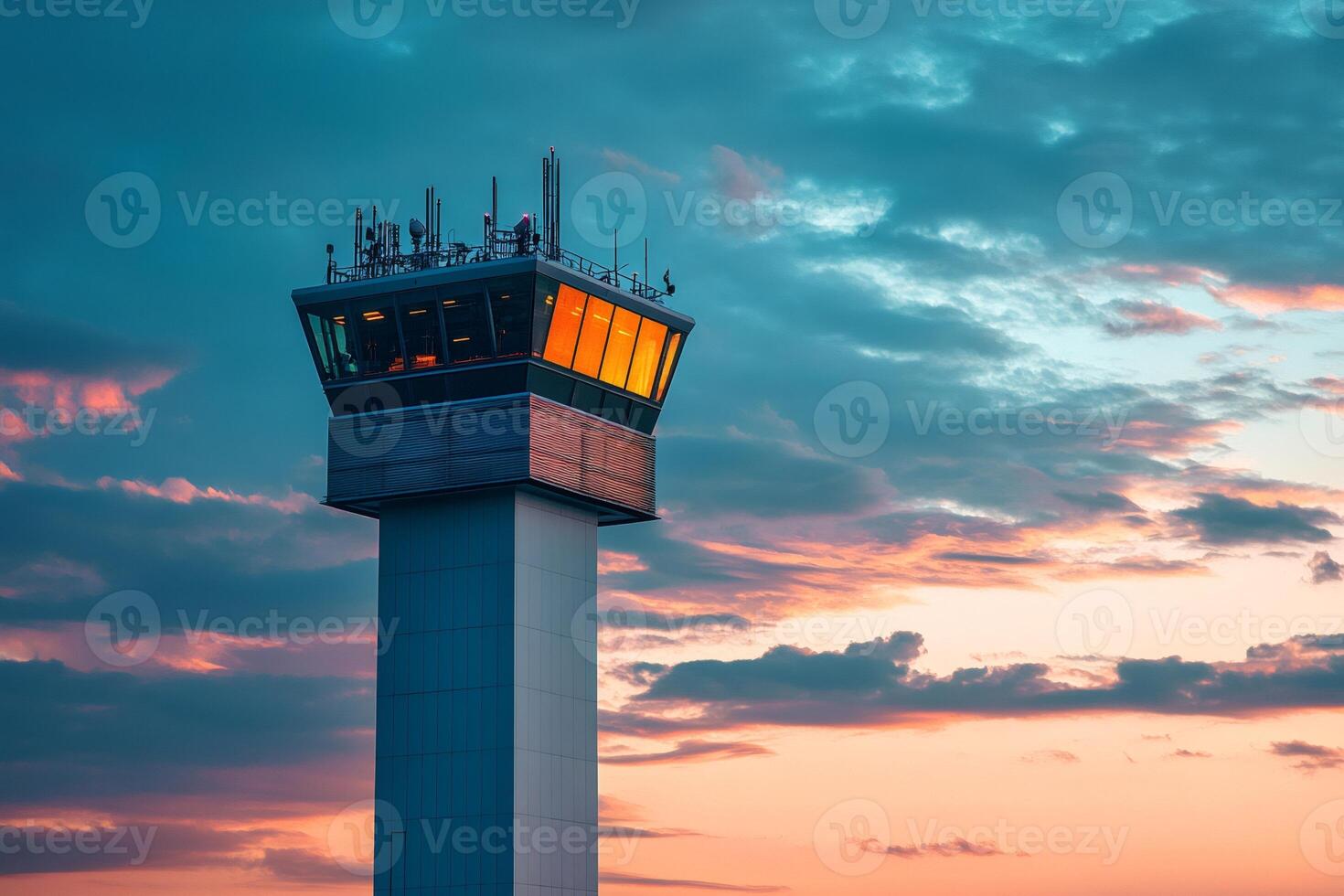 Airport control tower standing tall against a colorful sunset sky photo