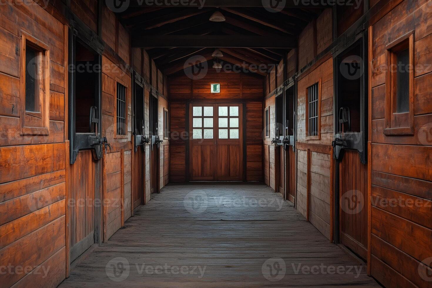Empty horse stable interior with wooden boxes and doors photo