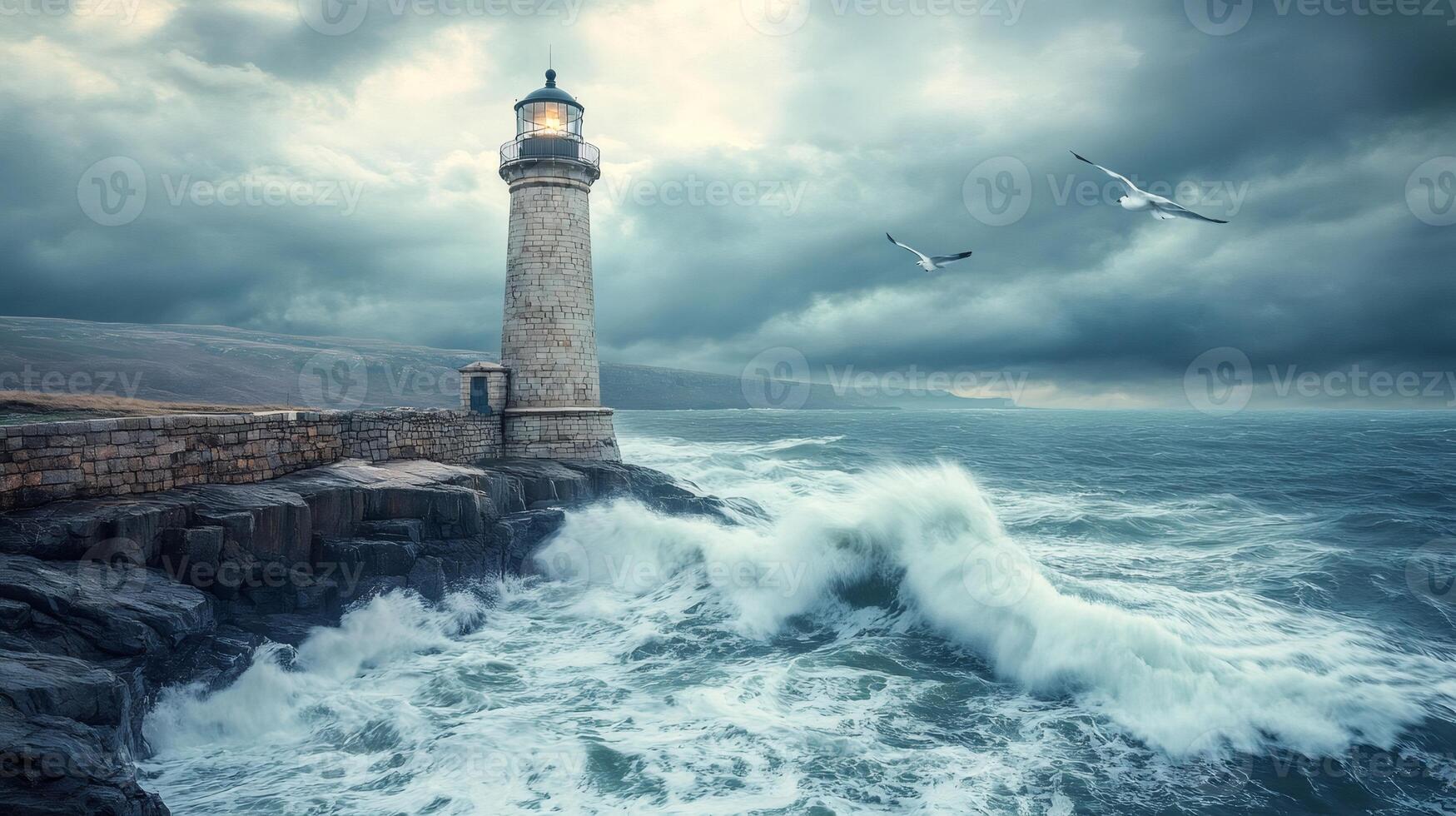 Lighthouse guiding ships through stormy seas and birds flying high photo