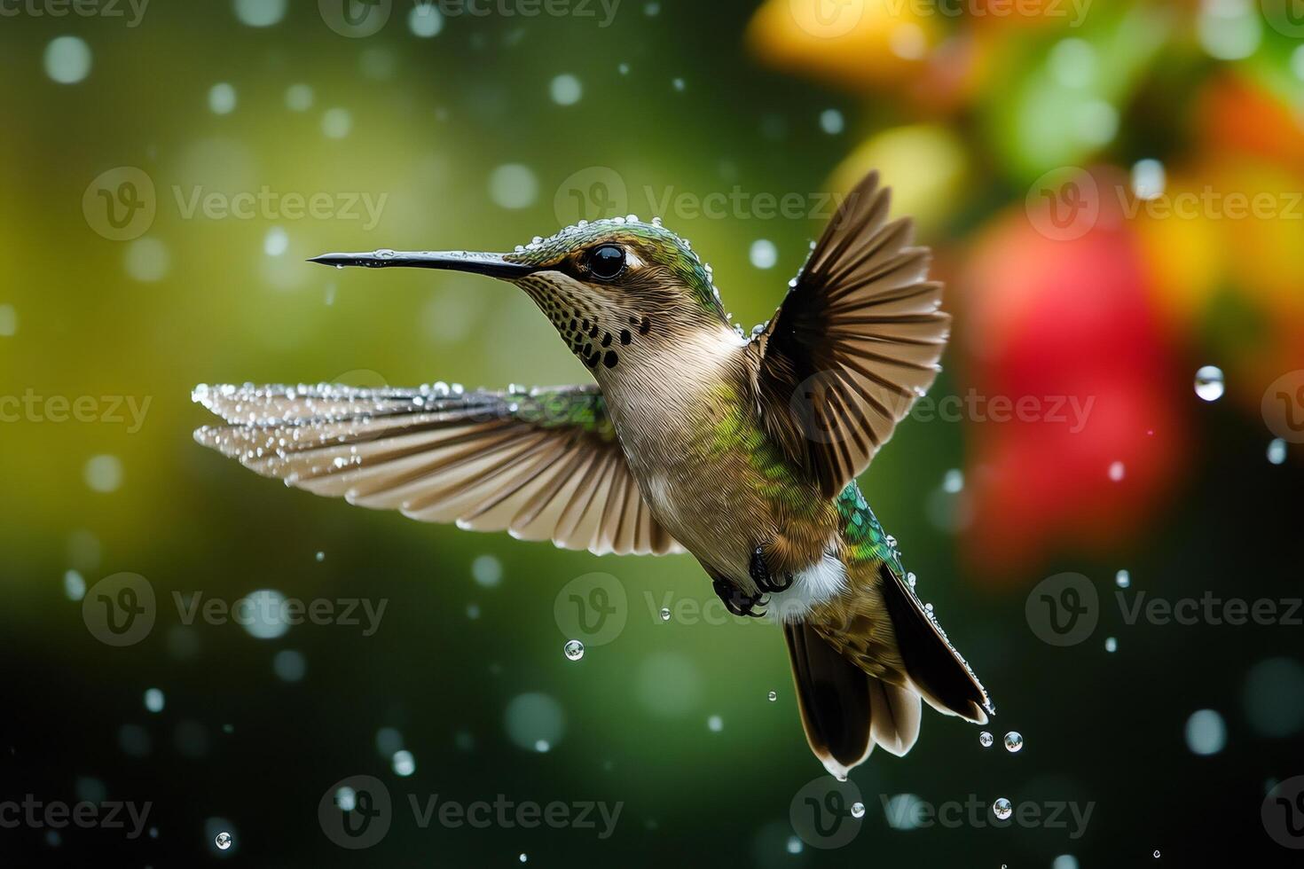 Hummingbird hovering in rain with outstretched wings photo