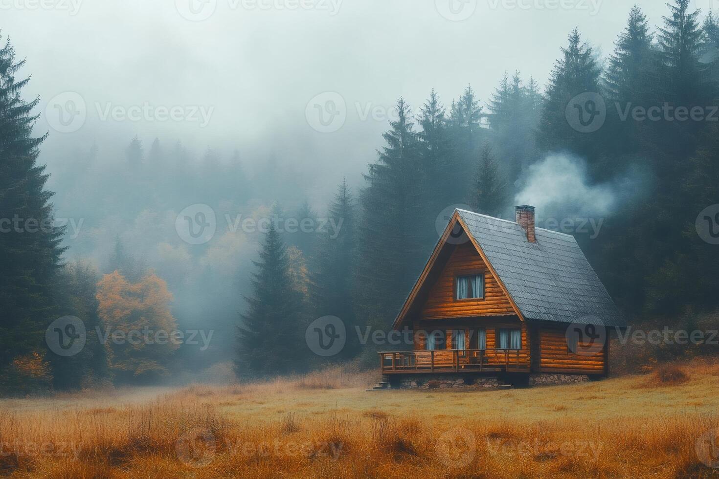 Cozy wooden cabin smoking in a misty autumn forest photo
