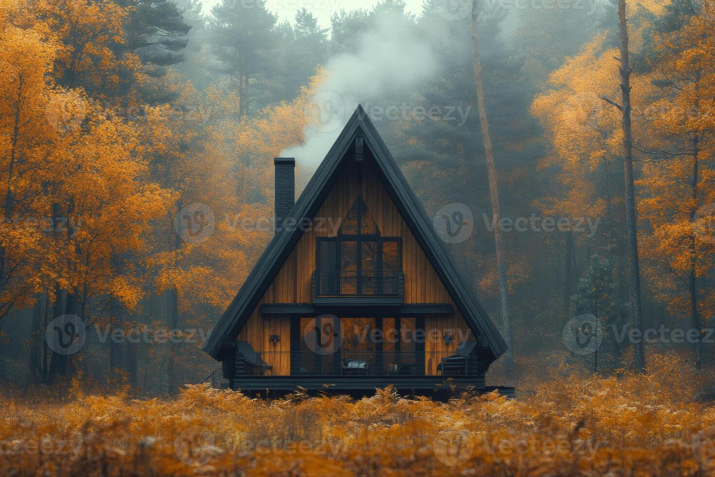 Cozy a frame cabin nestled in a misty autumn forest photo
