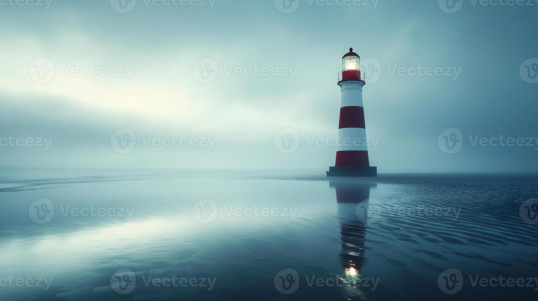Lighthouse shining on tranquil misty coast at twilight guiding ships safely to shore photo