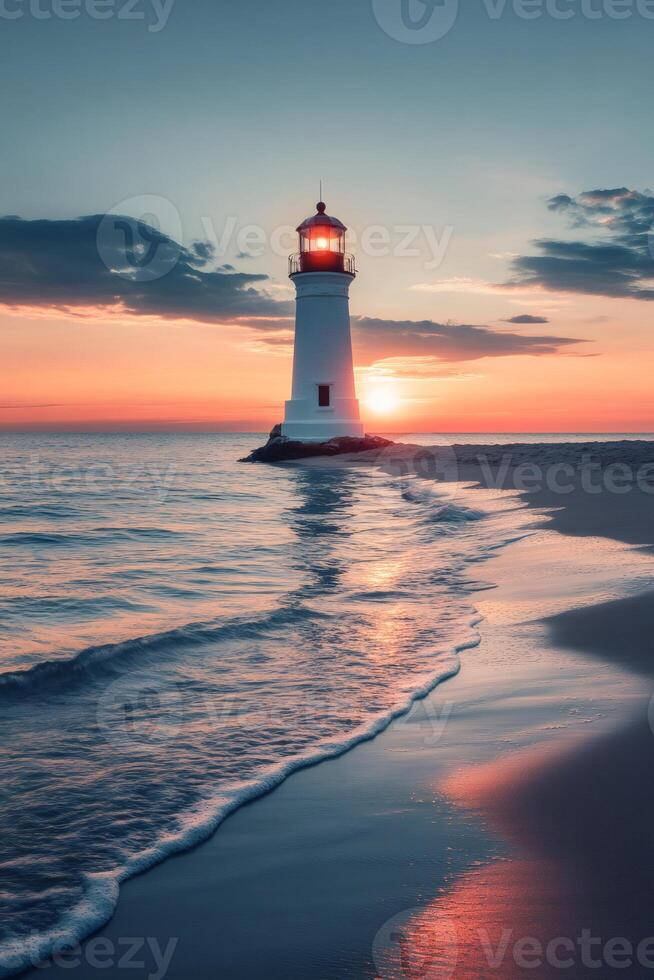 Lighthouse shining brightly at sunset on the coast photo
