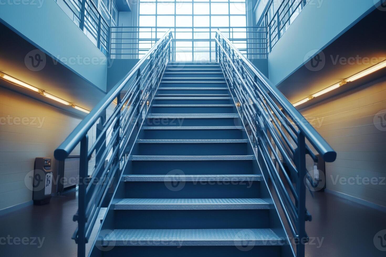 Modern staircase leading upwards in empty building with metal railings photo