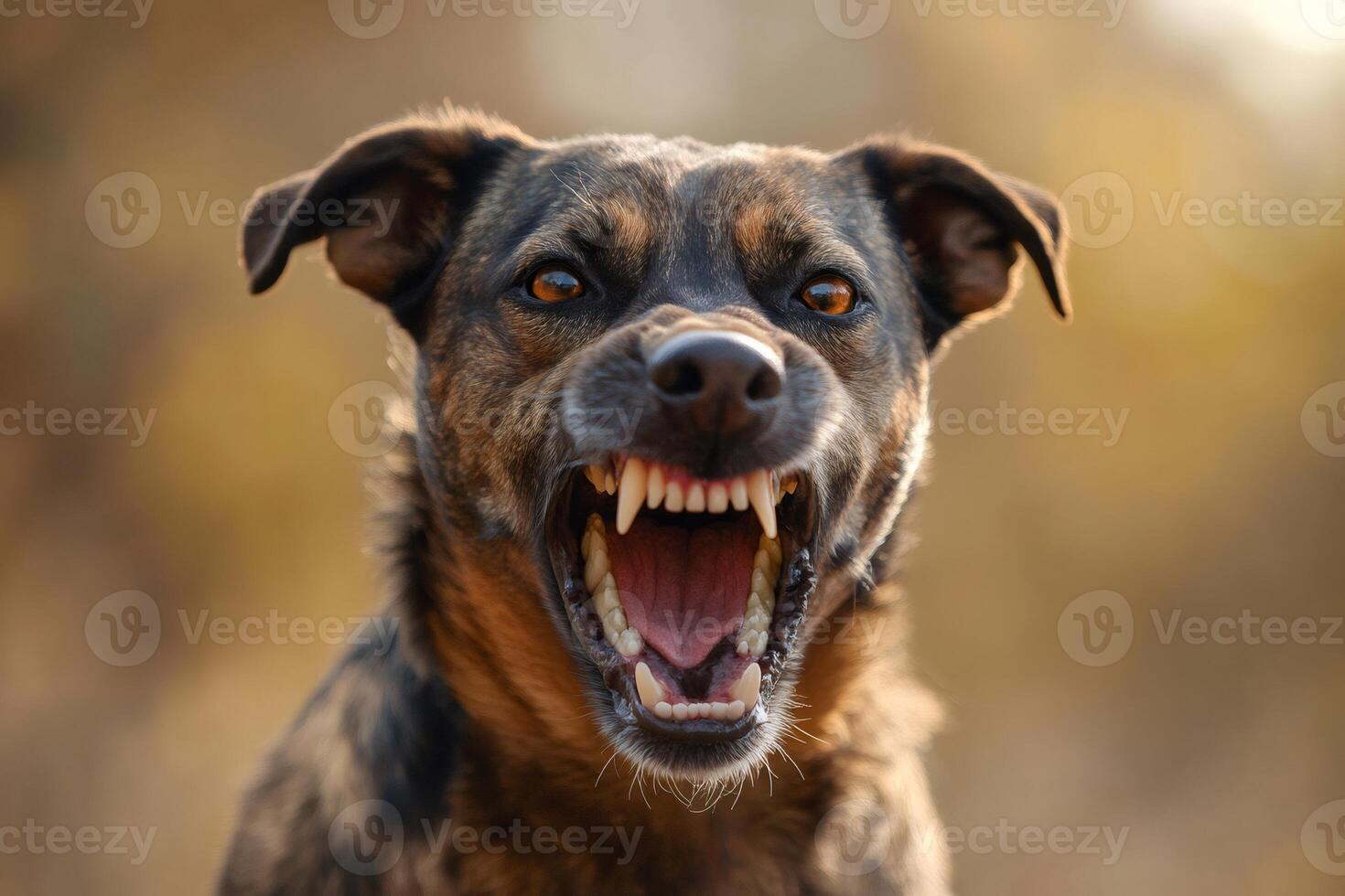 Aggressive dog showing teeth and growling outdoors photo