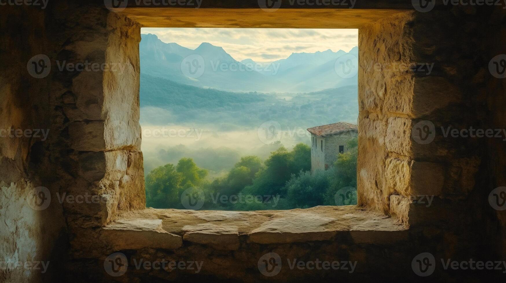 Ancient stone window framing breathtaking mountain valley view photo