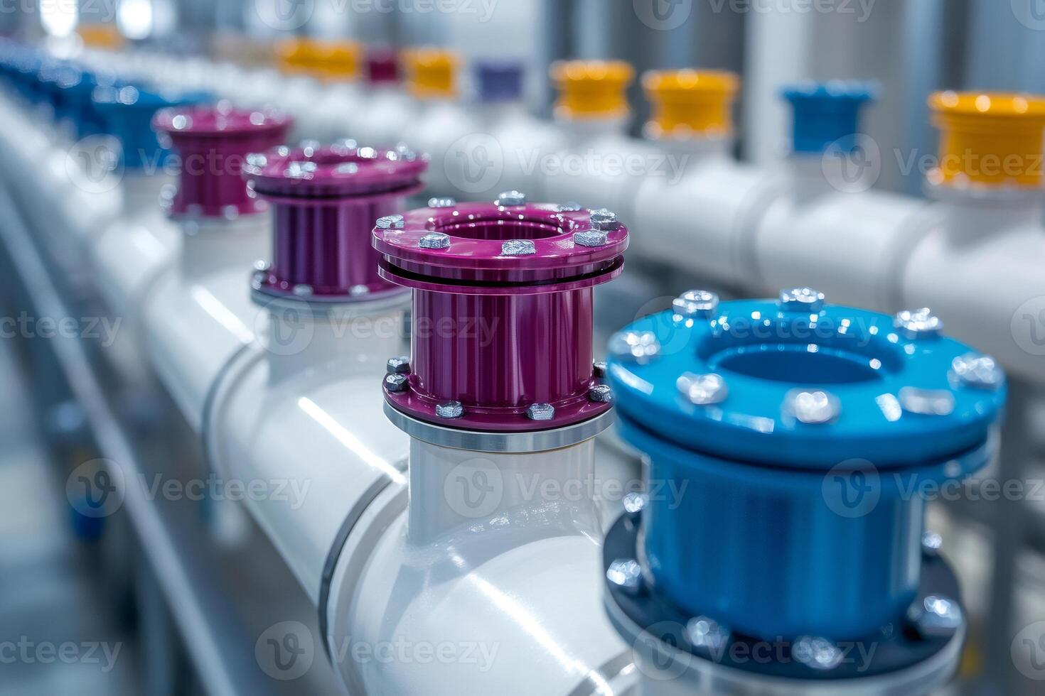Colorful industrial valves regulating flow in pipeline system photo