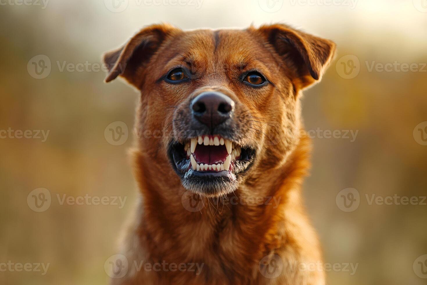Brown dog showing teeth and snarling aggressively in nature photo