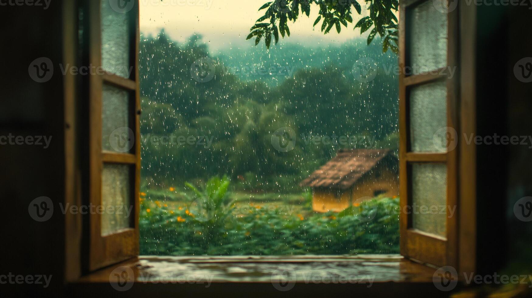 Rain falling on lush green landscape seen through open window photo