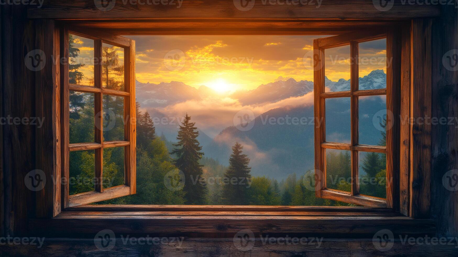 Open window overlooking stunning mountain sunrise with fog and forest photo