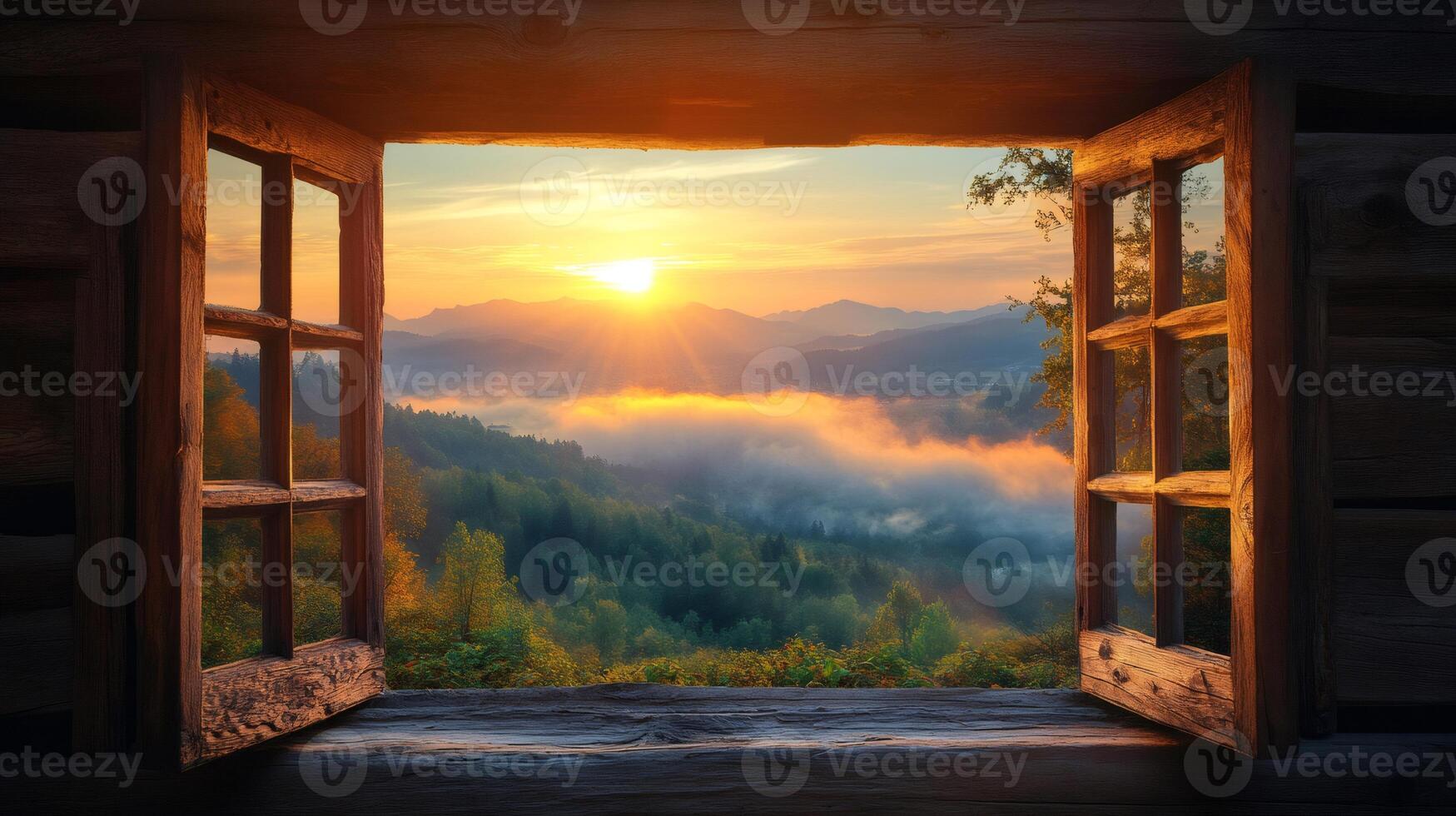 Open window overlooking stunning mountain sunrise with fog covering valley photo