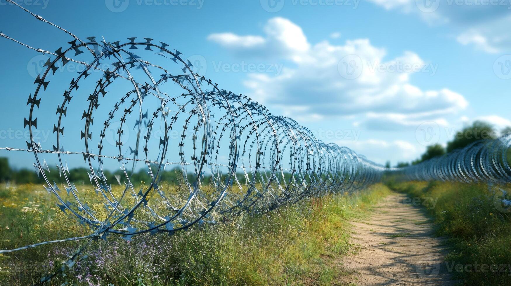 Razor wire fence protecting land under blue sky with clouds photo