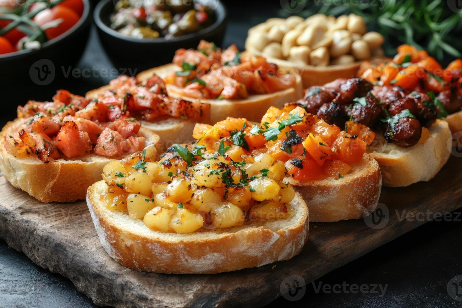 Variety of bruschetta with different toppings being served as appetizers photo
