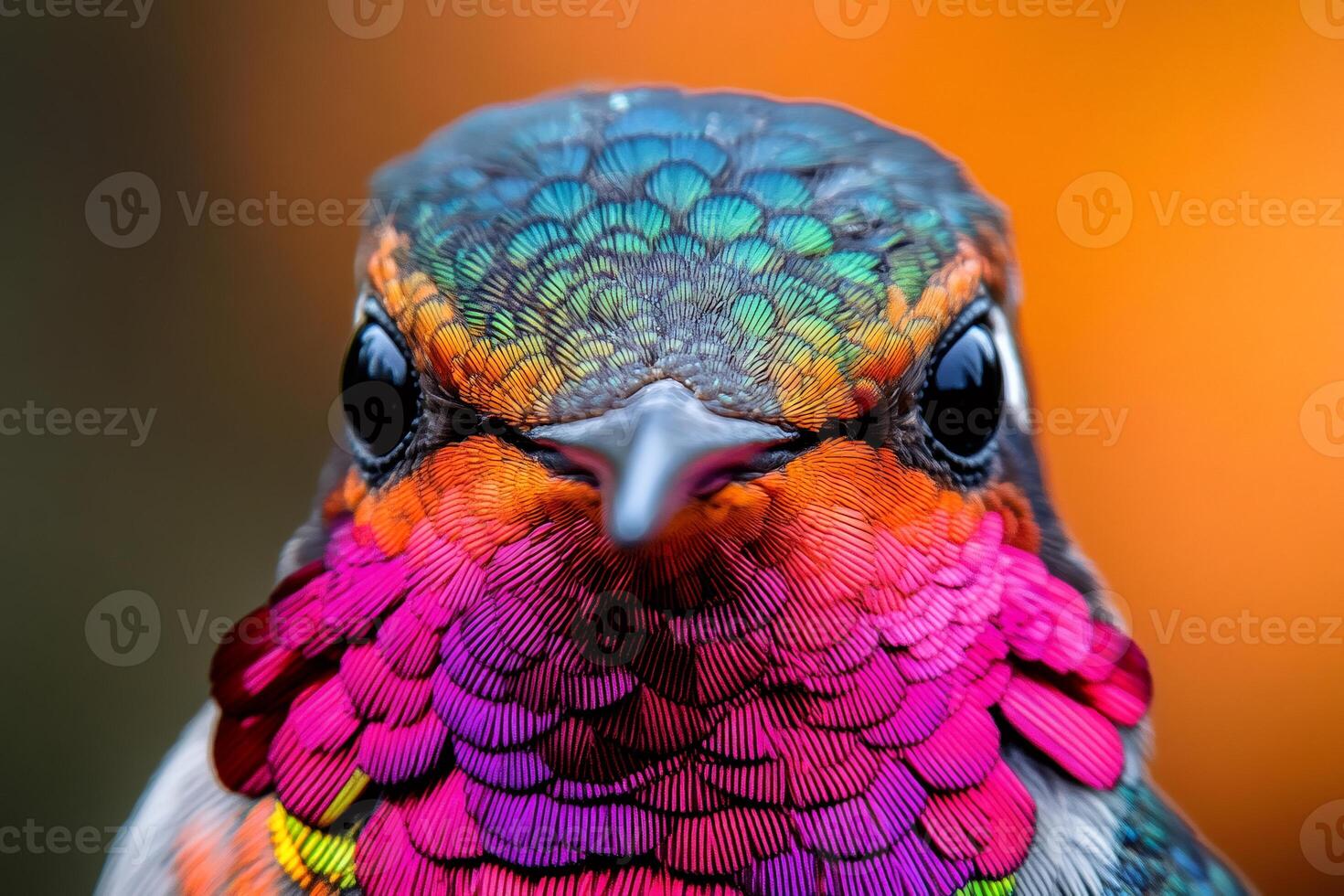 Colorful hummingbird showing iridescent feathers in close up portrait photo